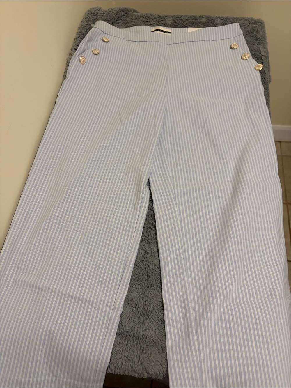Jules & Leopold Light Blue and White Striped Capris with Gold Buttons